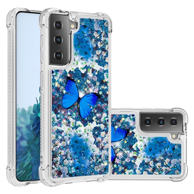 Etui Samsung Galaxy S21 Plus 5G Niebieskie Motyle Z Brokatem