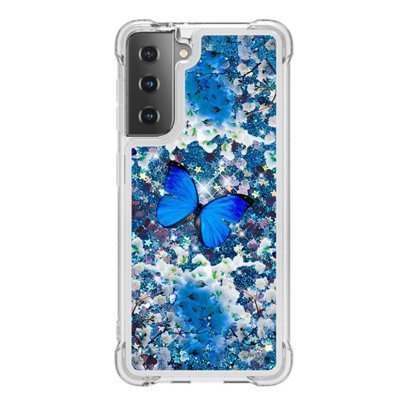 Etui Samsung Galaxy S21 Plus 5G Niebieskie Motyle Z Brokatem