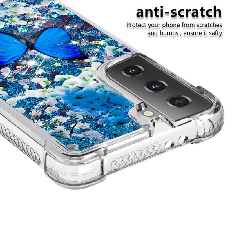 Etui Samsung Galaxy S21 Plus 5G Niebieskie Motyle Z Brokatem