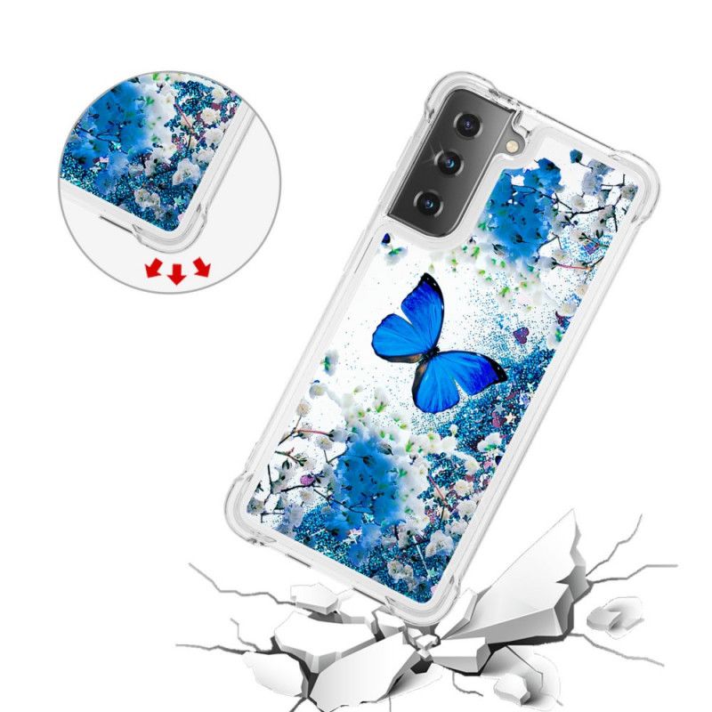 Etui Samsung Galaxy S21 Plus 5G Niebieskie Motyle Z Brokatem