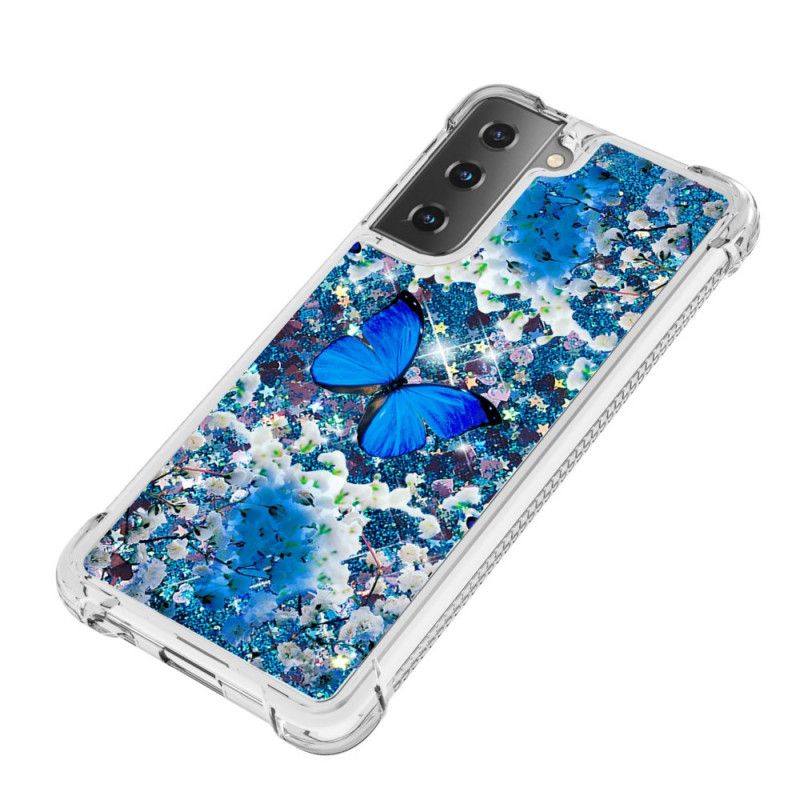 Etui Samsung Galaxy S21 Plus 5G Niebieskie Motyle Z Brokatem