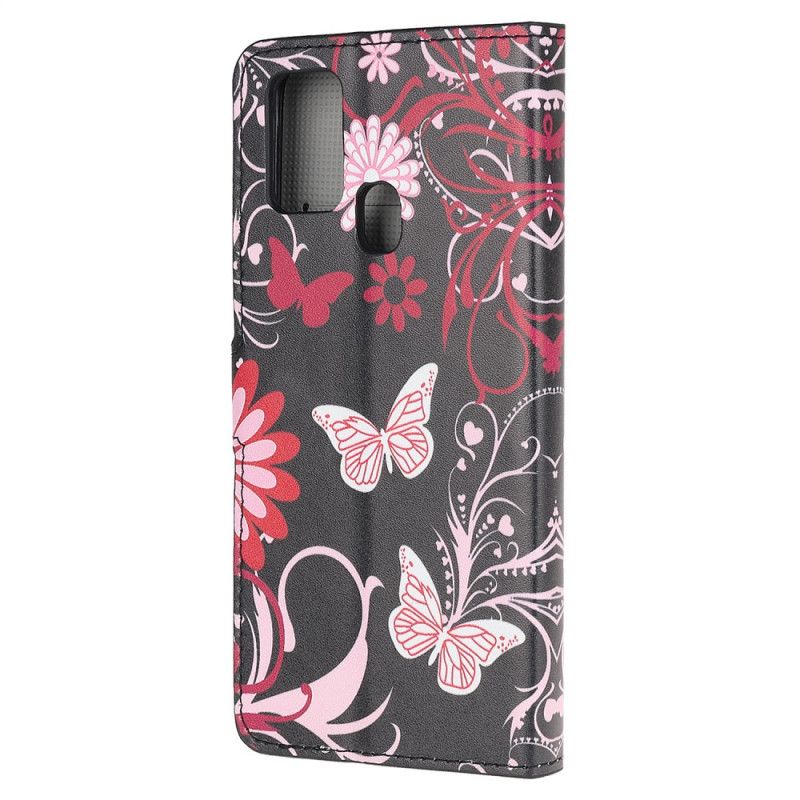 Etui Folio Samsung Galaxy M21 Fioletowy Motyle I Kwiaty Etui Ochronne