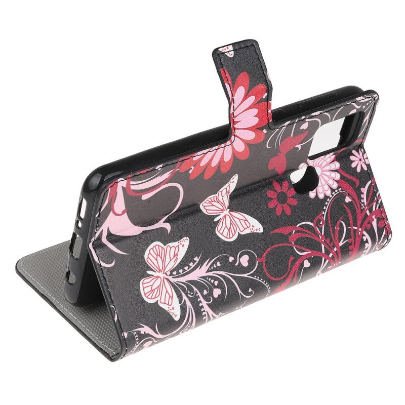 Etui Folio Samsung Galaxy M21 Fioletowy Motyle I Kwiaty Etui Ochronne