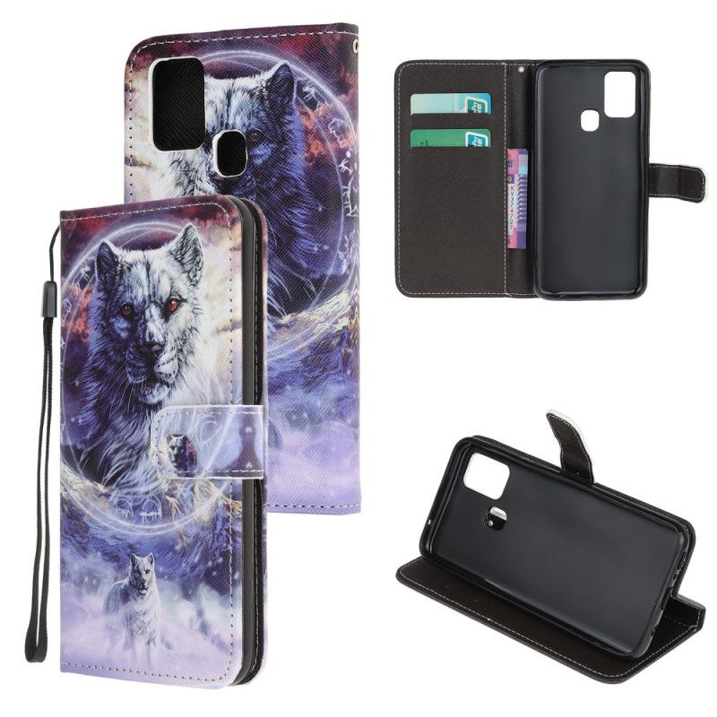 Etui Folio Samsung Galaxy M21 Wilk Zimą Ze Stringami Etui Ochronne