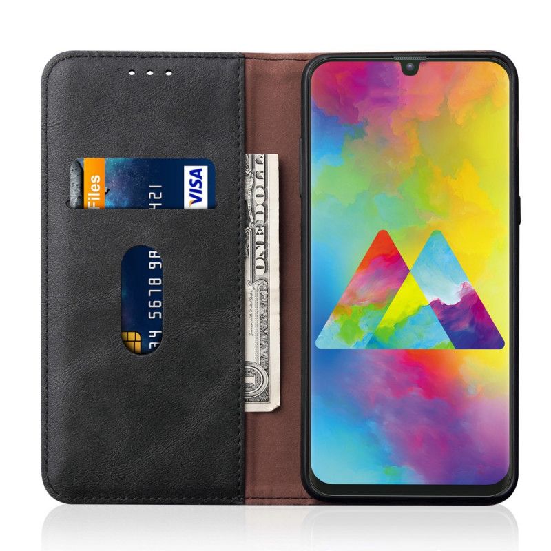 Flip Kotelot Samsung Galaxy M21 Czerwony Czarny Efekt Szytej Skóry Etui Ochronne