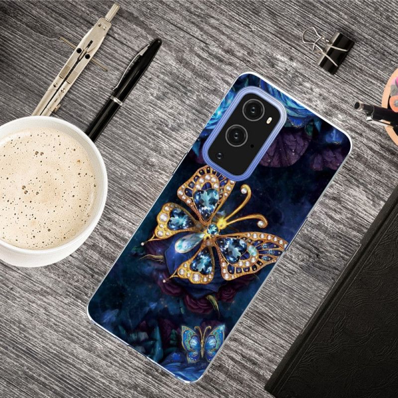 Etui OnePlus 9 Granatowy Ciemnoniebieski Luksusowy Motyl Etui Ochronne