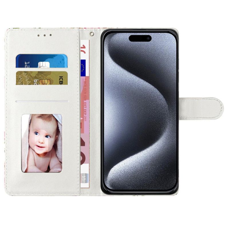 Etui Folio Do iPhone 16 Pro Różowe Kwiaty Na Szarym Tle Z Paskiem