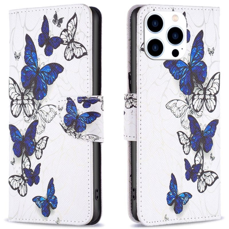 Etui Folio iPhone 16 Pro Nadruk W Niebieskie Motyle Etui Ochronne