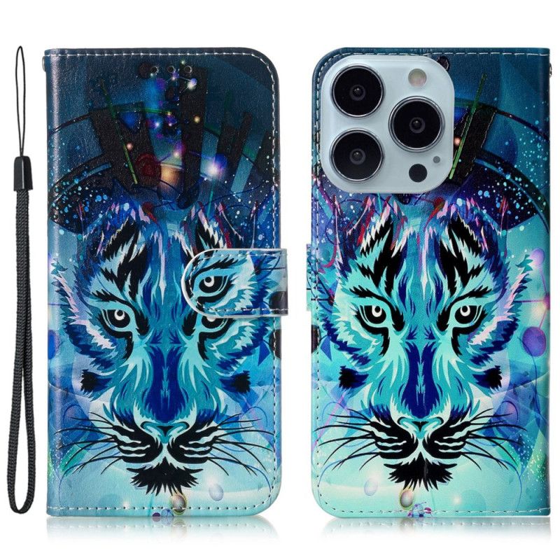 Etui Folio iPhone 16 Pro Wzór Wilka Z Paskiem Etui Ochronne