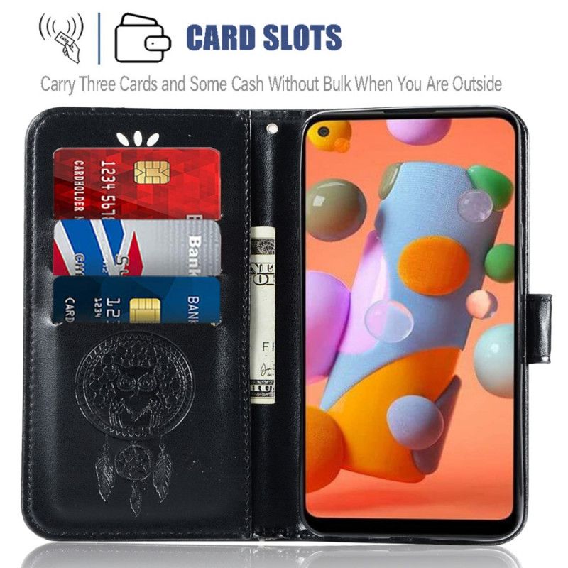 Etui Folio Samsung Galaxy M11 Brązowy Jasnoniebieski Łapacz Snów Z Sową Skórą