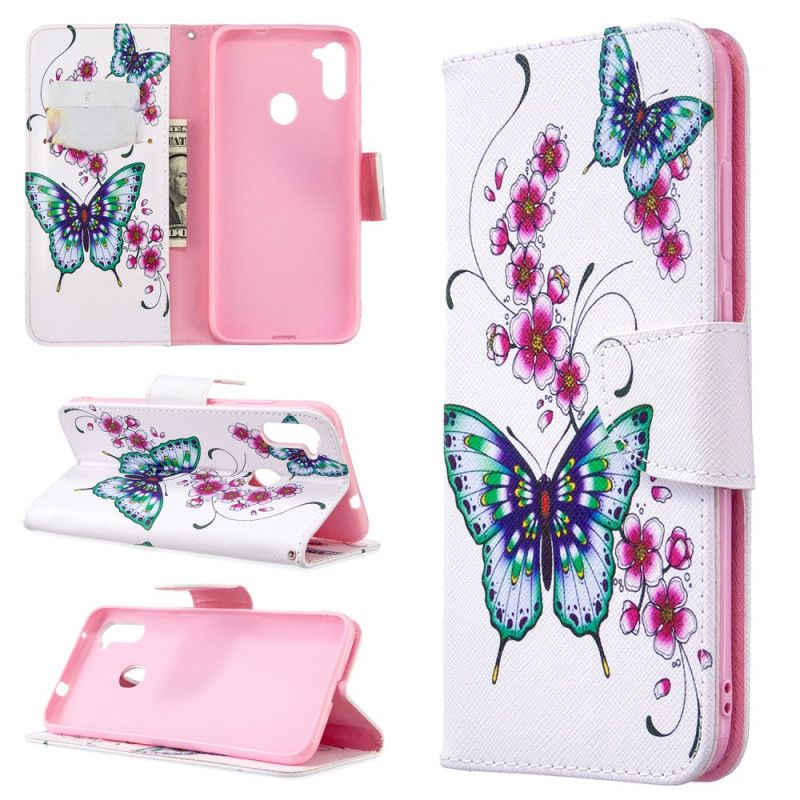 Etui Folio Samsung Galaxy M11 Ciemnoniebieski Magenta Królowie Motyli