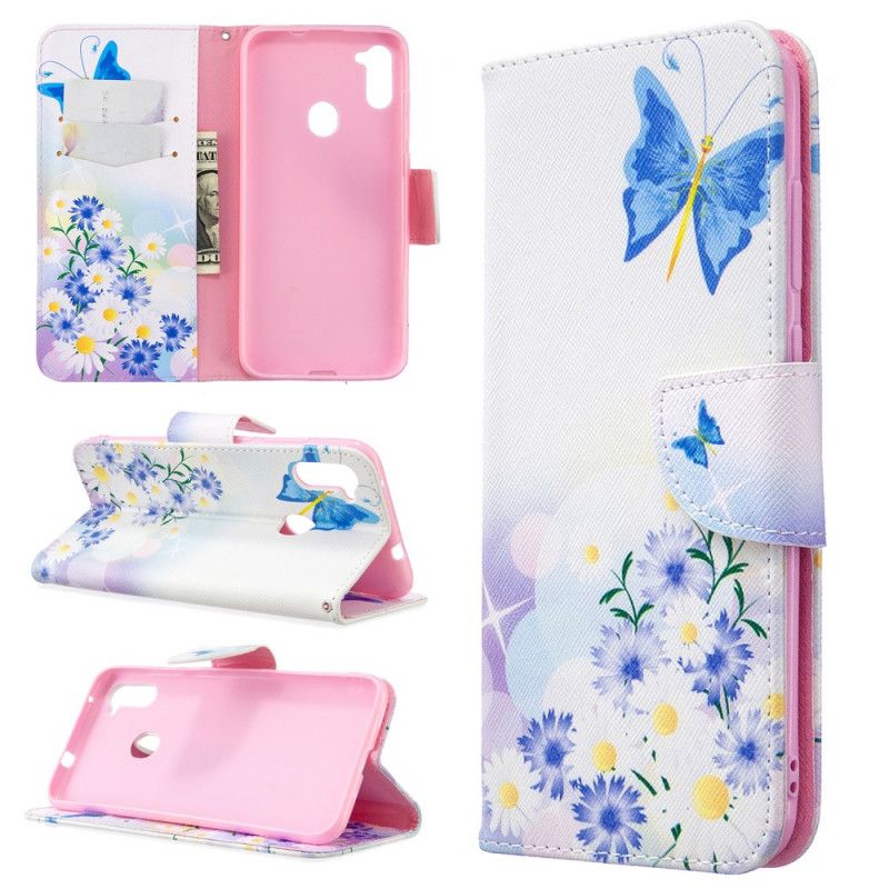 Etui Folio Samsung Galaxy M11 Jasnoniebieski Magenta Malowane Motyle I Kwiaty Etui Ochronne