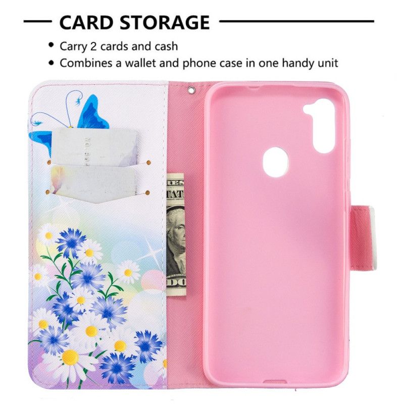 Etui Folio Samsung Galaxy M11 Jasnoniebieski Magenta Malowane Motyle I Kwiaty Etui Ochronne