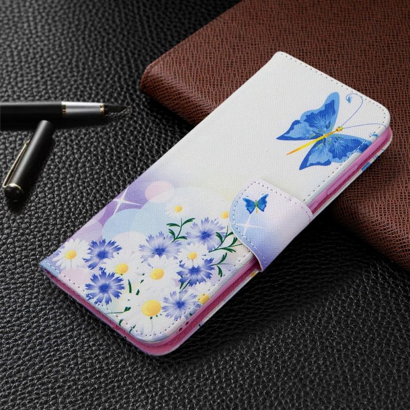 Etui Folio Samsung Galaxy M11 Jasnoniebieski Magenta Malowane Motyle I Kwiaty Etui Ochronne