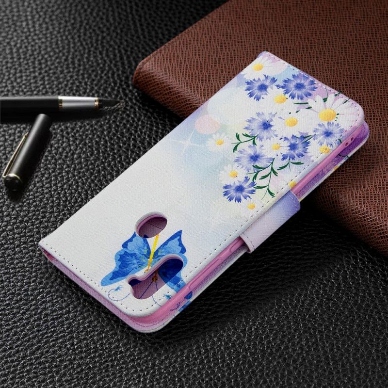 Etui Folio Samsung Galaxy M11 Jasnoniebieski Magenta Malowane Motyle I Kwiaty Etui Ochronne