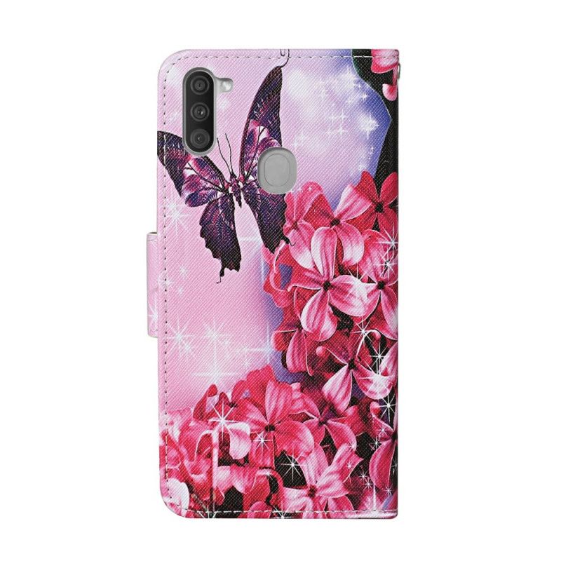 Etui Folio Samsung Galaxy M11 Różowy Magenta Stringi W Kwiatowe Motyle