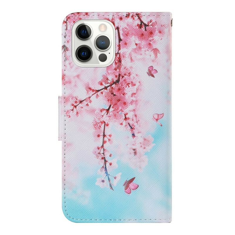 Etui Folio Iphone 13 Pro CZerwone Gałązki Z Paskiem