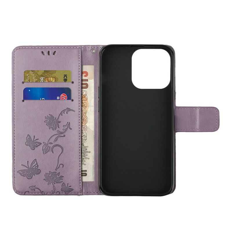 Etui Folio Iphone 13 Pro Motyle I Kwiaty Pasiaste Etui Ochronne