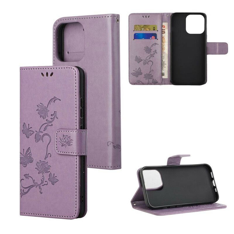 Etui Folio Iphone 13 Pro Motyle I Kwiaty Pasiaste Etui Ochronne