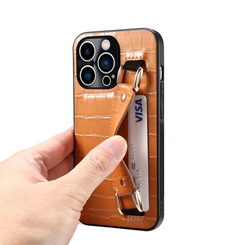 Etui do iPhone 14 Pro Max Etui Na Karty Z Paskiem Podtrzymującym Krokodyla