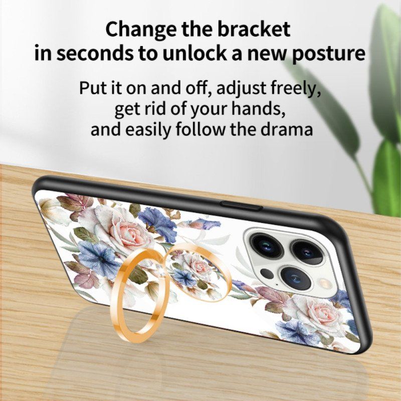 Etui do iPhone 15 Pro Szkło Hartowane W Kwiaty Z Pierścieniem Podtrzymującym