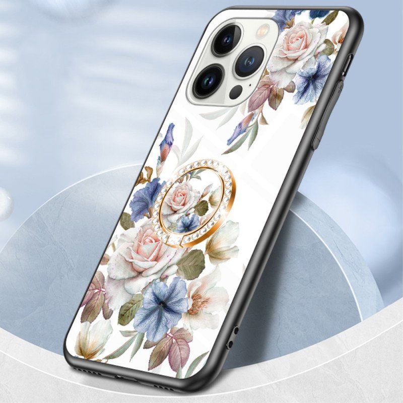 Etui do iPhone 15 Pro Szkło Hartowane W Kwiaty Z Pierścieniem Podtrzymującym
