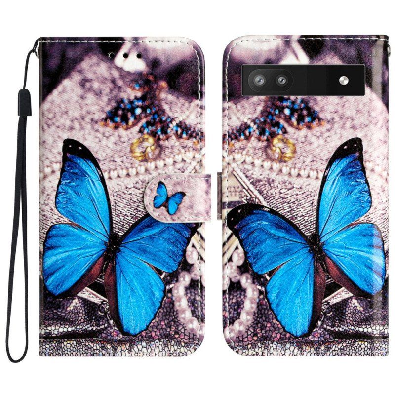 Etui Folio do Google Pixel 7A z Łańcuch Niebieski Motyl Z Paskiem