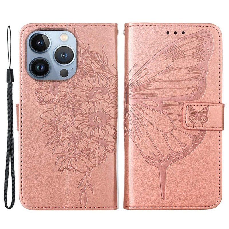 Etui Folio do iPhone 14 Pro Max z Łańcuch Barokowy Motyl Z Paskami