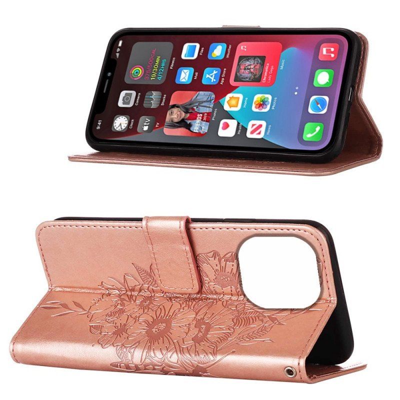 Etui Folio do iPhone 14 Pro Max z Łańcuch Barokowy Motyl Z Paskami