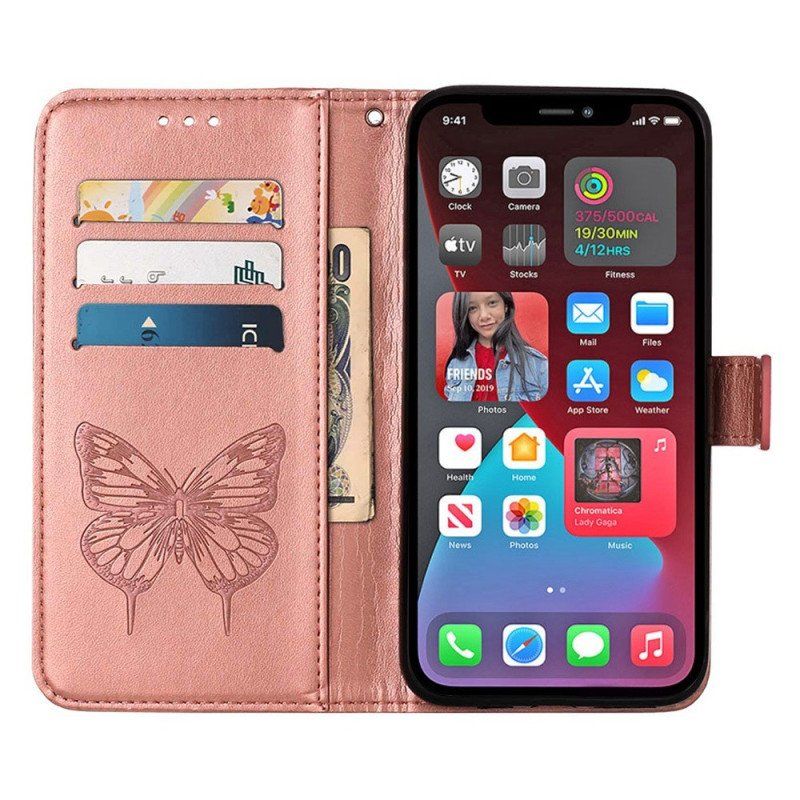 Etui Folio do iPhone 14 Pro Max z Łańcuch Barokowy Motyl Z Paskami