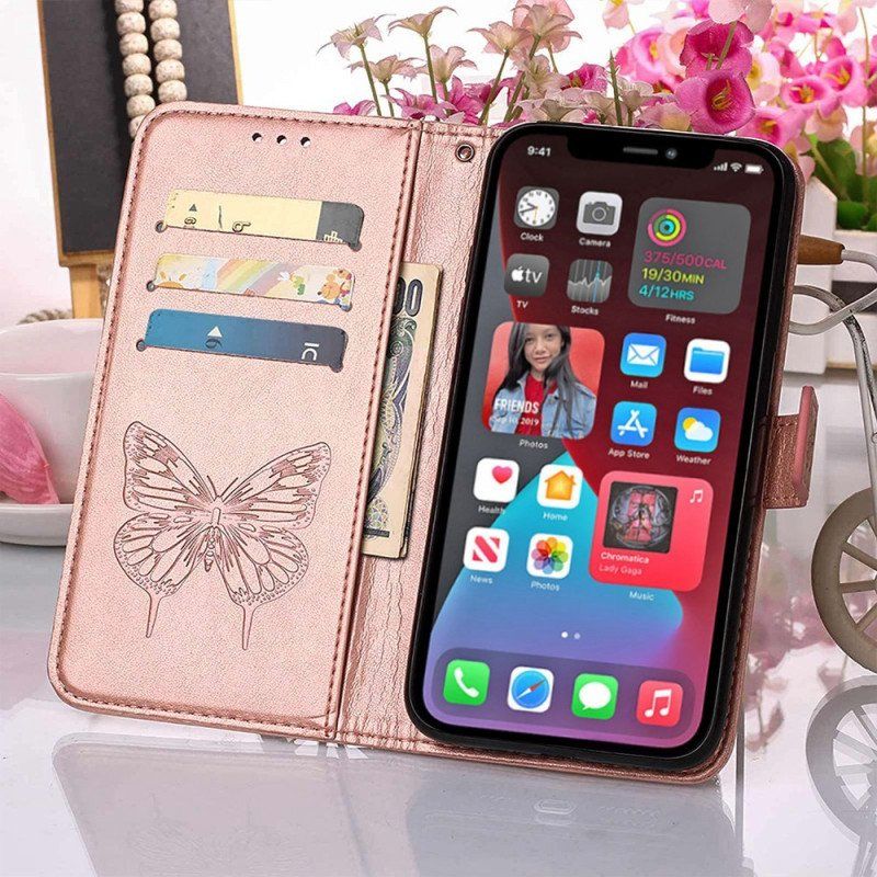 Etui Folio do iPhone 14 Pro Max z Łańcuch Barokowy Motyl Z Paskami