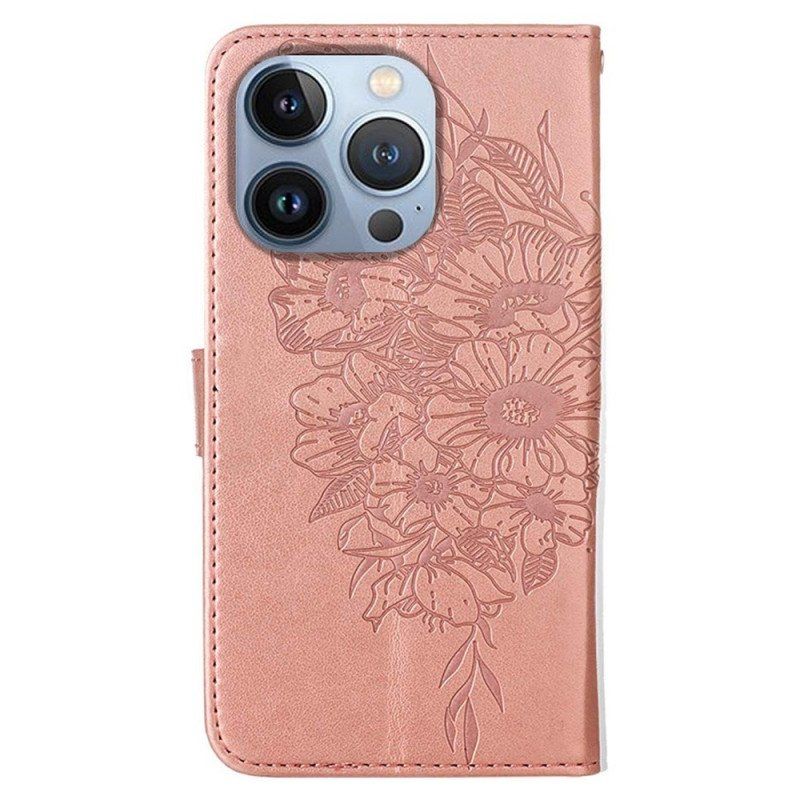 Etui Folio do iPhone 14 Pro Max z Łańcuch Barokowy Motyl Z Paskami