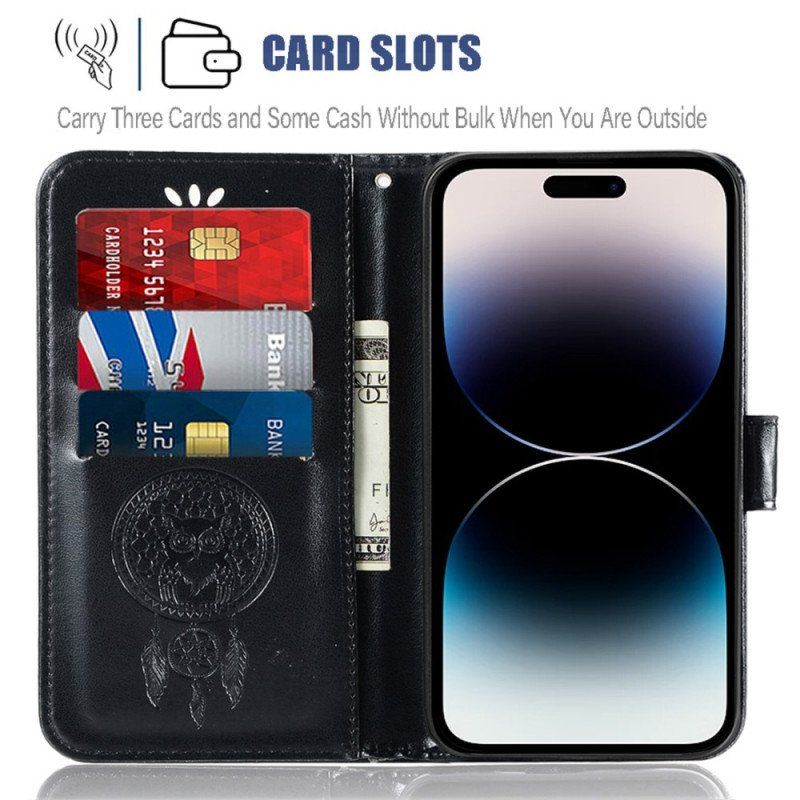 Etui Folio do iPhone 14 Pro Max z Łańcuch Łapacz Snów Sowa Z Paskiem