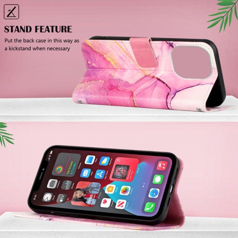 Etui Folio do iPhone 14 Pro Max z Łańcuch Pasek Marmuru