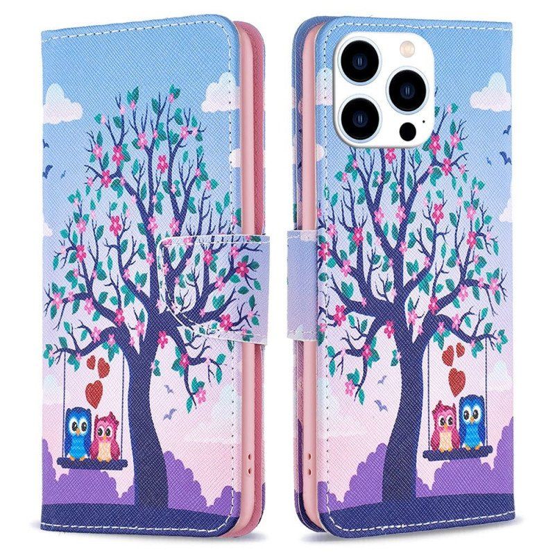 Etui Folio do iPhone 14 Pro Sowy Na Huśtawce