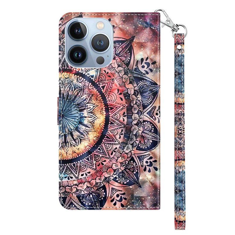 Etui Folio do iPhone 14 Pro z Łańcuch Kolorowa Mandala Z Paskami