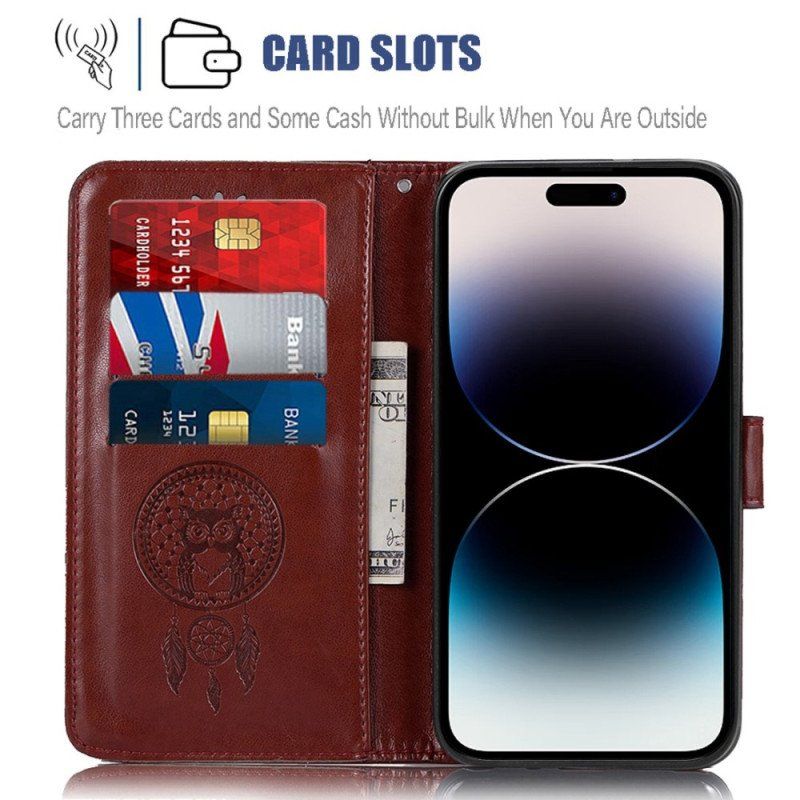 Etui Folio do iPhone 14 Pro z Łańcuch Łapacz Snów Sowa Z Paskiem