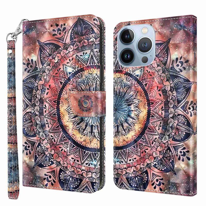 Etui Folio do iPhone 14 z Łańcuch Pro Kolorowa Mandala Z Paskami