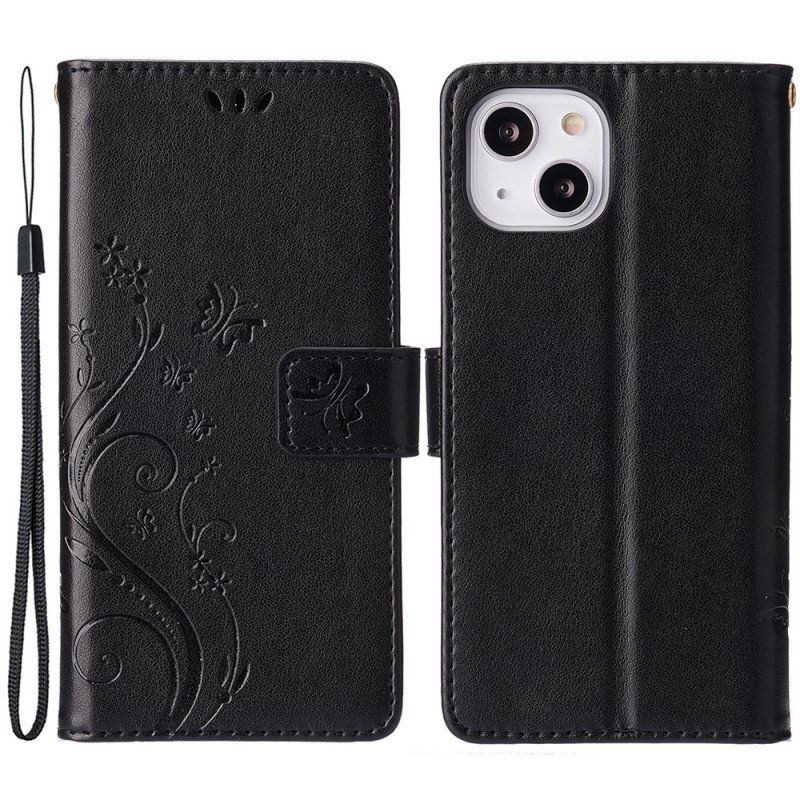 Etui Folio do iPhone 15 Kwiaty Ze Smyczą