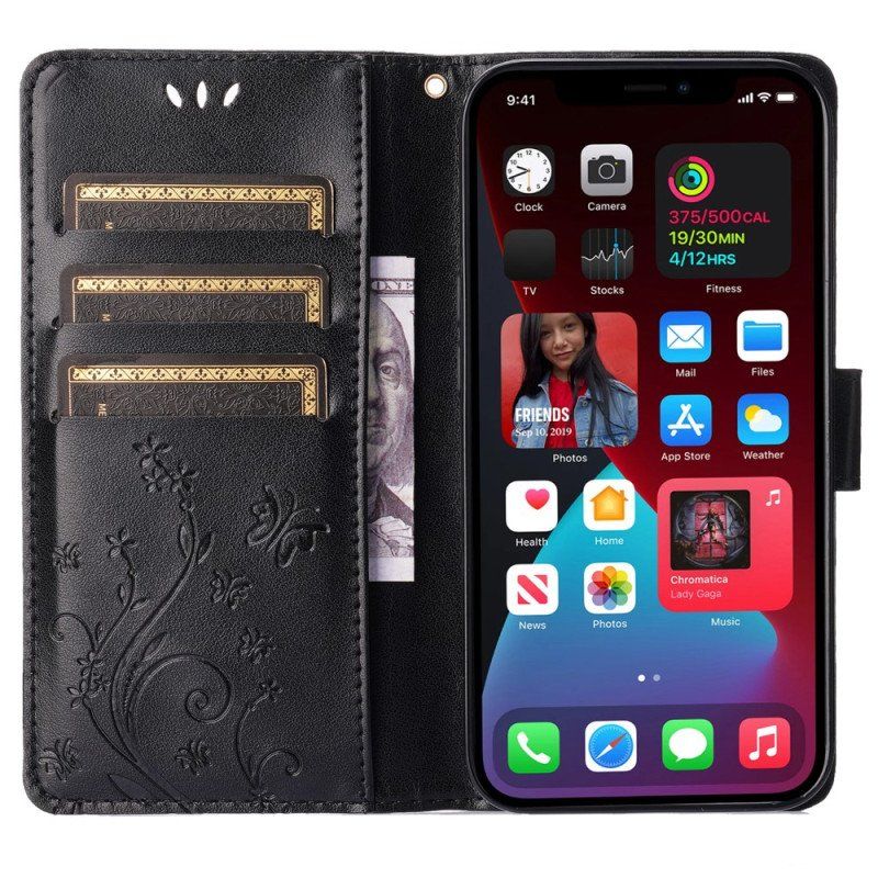 Etui Folio do iPhone 15 Kwiaty Ze Smyczą