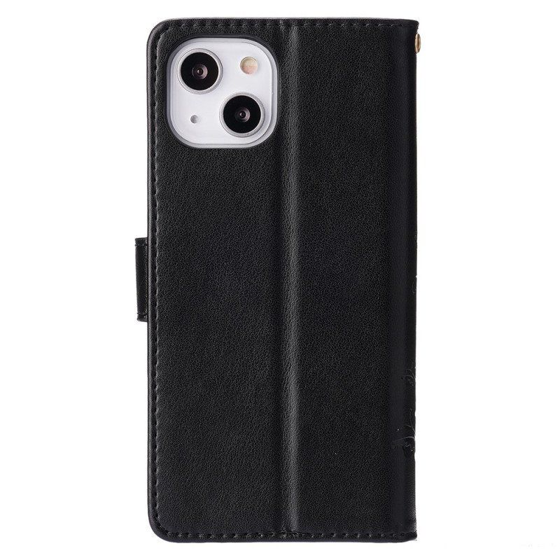 Etui Folio do iPhone 15 Kwiaty Ze Smyczą