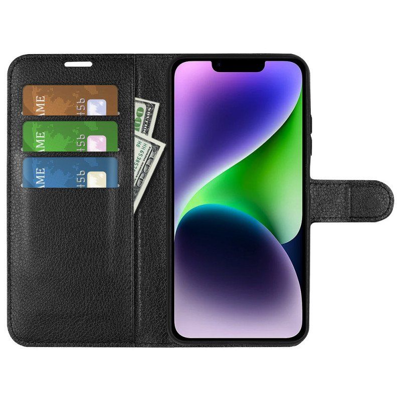 Etui Folio do iPhone 15 Plus Klasyczna Sztuczna Skóra Litchi