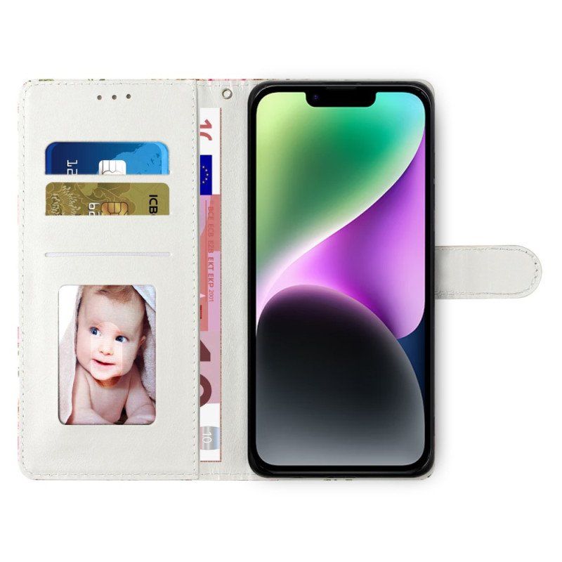 Etui Folio do iPhone 15 Plus z Łańcuch Motyle W Locie Z Paskiem