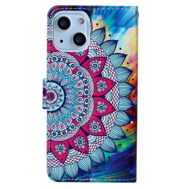 Etui Folio do iPhone 15 z Łańcuch Błyszcząca Mandala Z Paskiem