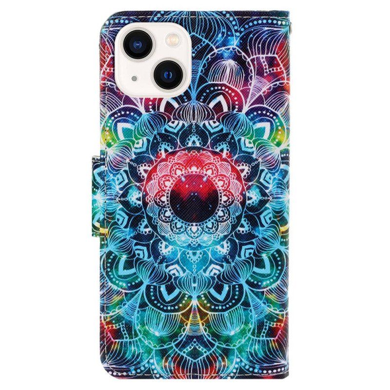 Etui Folio do iPhone 15 z Łańcuch Kolorowa Mandala Z Paskiem