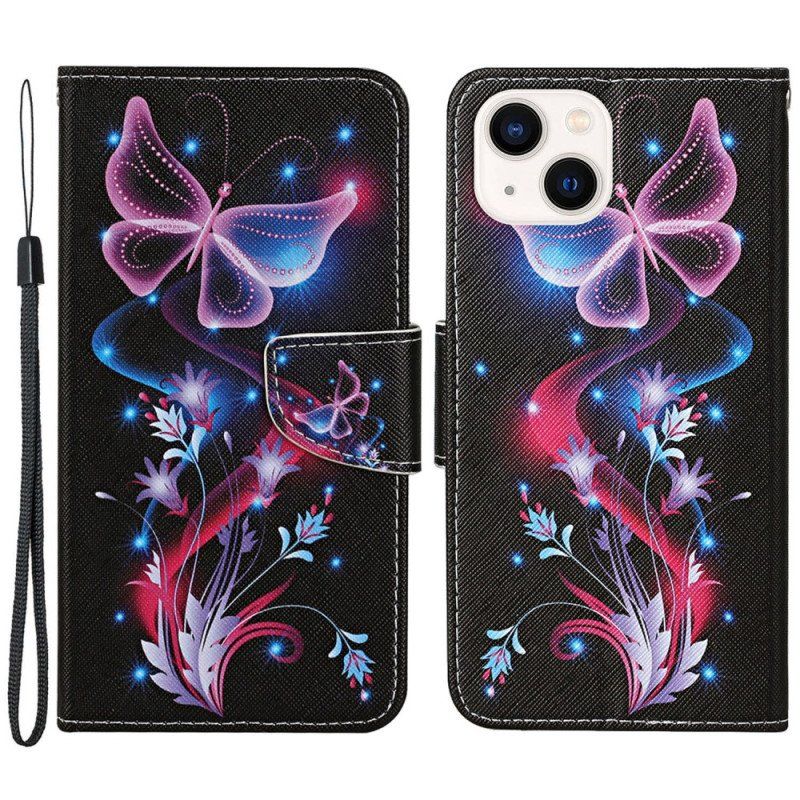 Etui Folio do iPhone 15 z Łańcuch Lot Ćm Na Smyczy