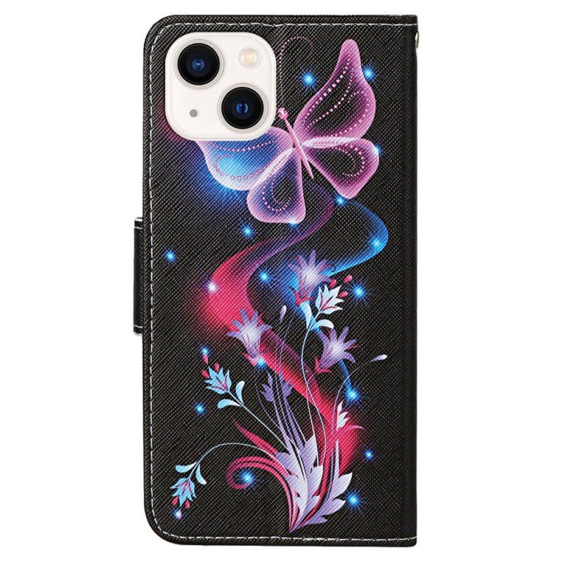 Etui Folio do iPhone 15 z Łańcuch Lot Ćm Na Smyczy