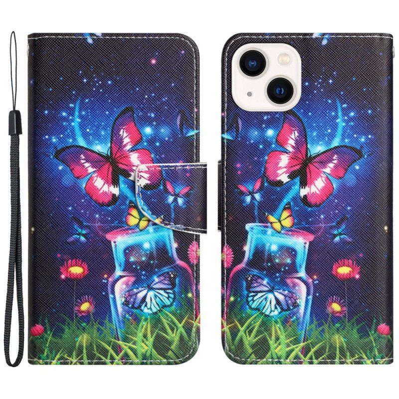 Etui Folio do iPhone 15 z Łańcuch Magiczne Motyle Ze Smyczką