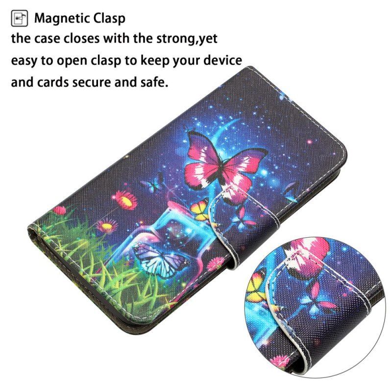 Etui Folio do iPhone 15 z Łańcuch Magiczne Motyle Ze Smyczką