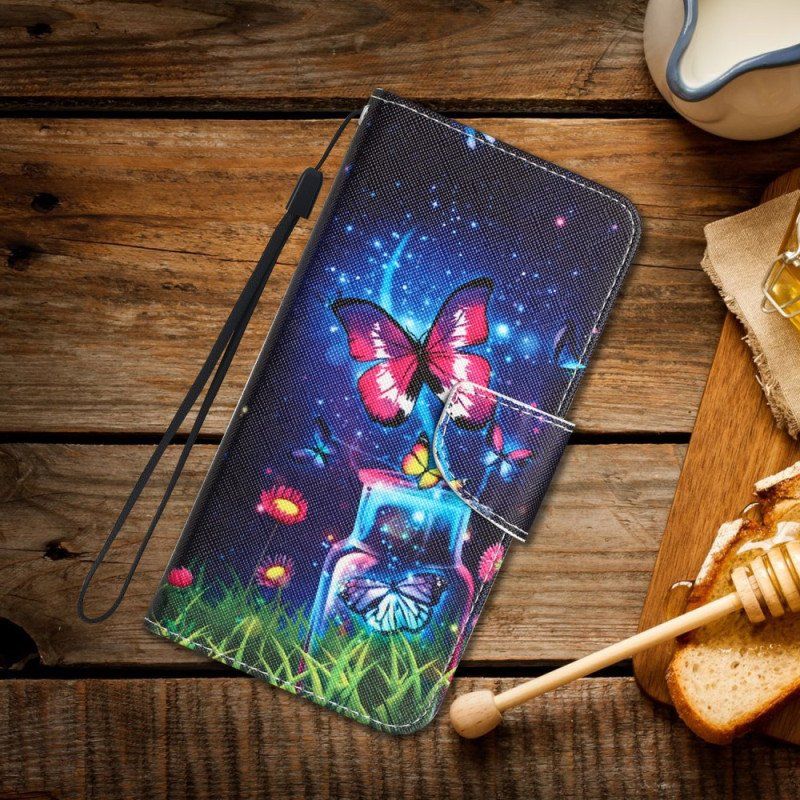 Etui Folio do iPhone 15 z Łańcuch Magiczne Motyle Ze Smyczką